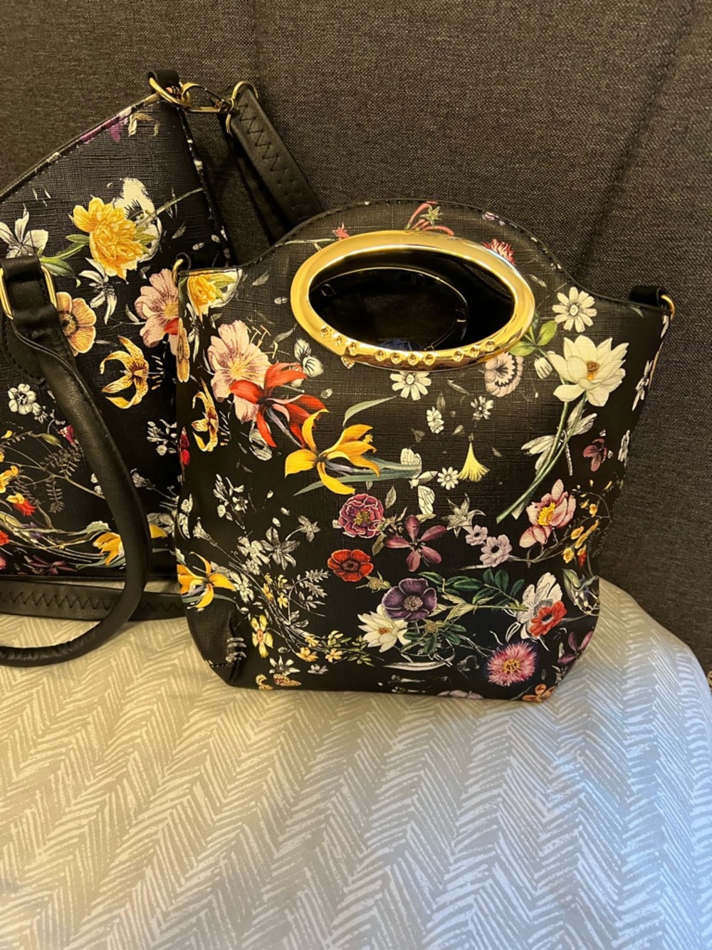 Black Floral Tote and Matching Handbag Set - Picture 2 of 3